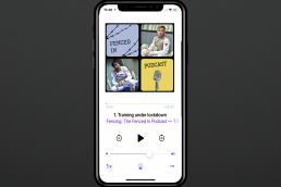 A screenshot of The Fenced In podcast in Apple Podcasts on an iPhone 10. The artwork is a 4 piece grid with lettering in the top left and bottom right, with pictures of Ben and Chris in their fencing uniforms in the top right and bottom left