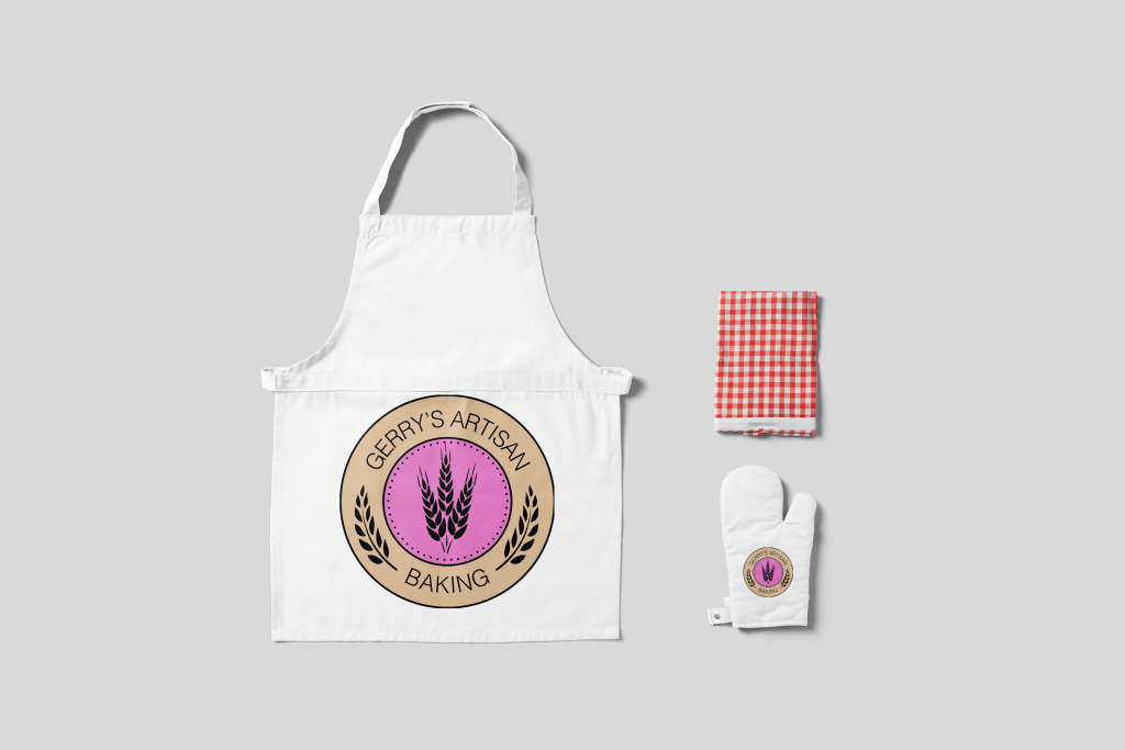 Gerrys Artisan Baking kitchen logo mock up on an apron and oven glove