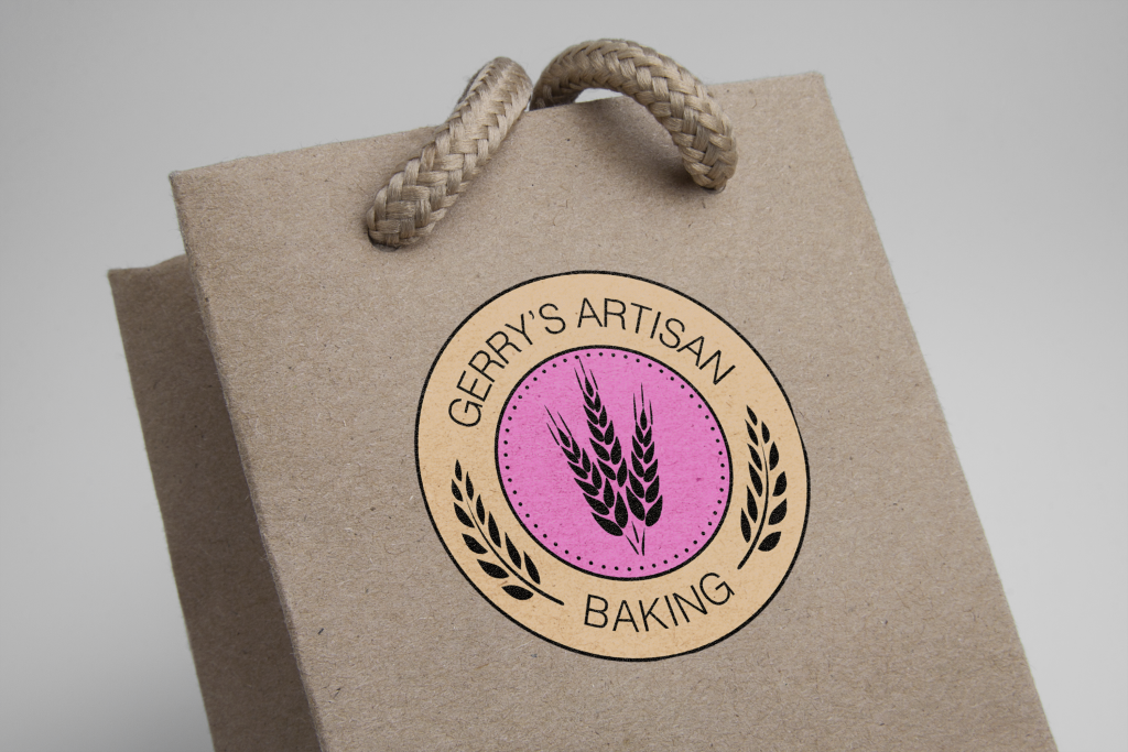 Gerrys Artisan Baking bag logo mock up on a brown paper bag