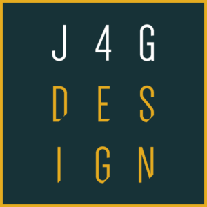 The letters 'J4G' in white with 'DESIGN' in yellow, all across 3 lines with a yellow border