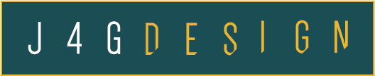 J4G Design logo in a long, sticker form - white and yellow text on a green background with a yellow rectangular border